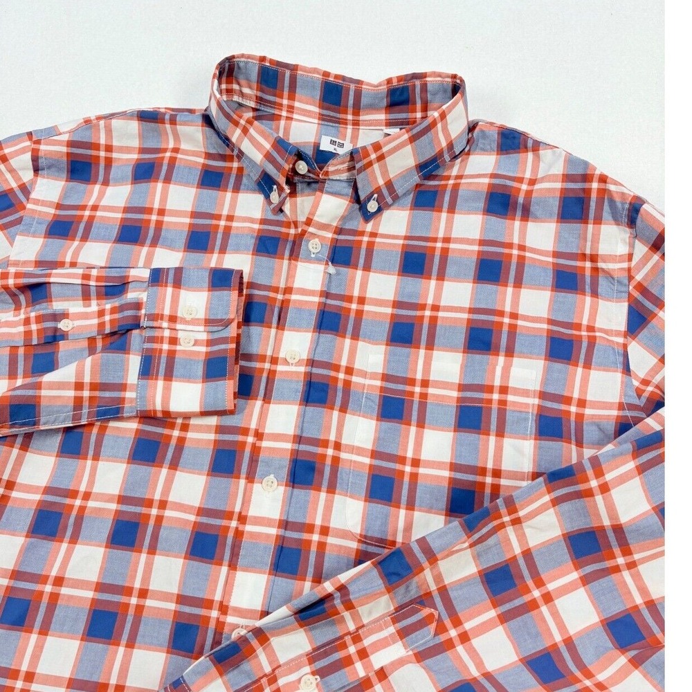 UNIQLO Men's Plaid Button Up Shirt XL  Cotton Orange Blue Smart Casual‎ NWOT